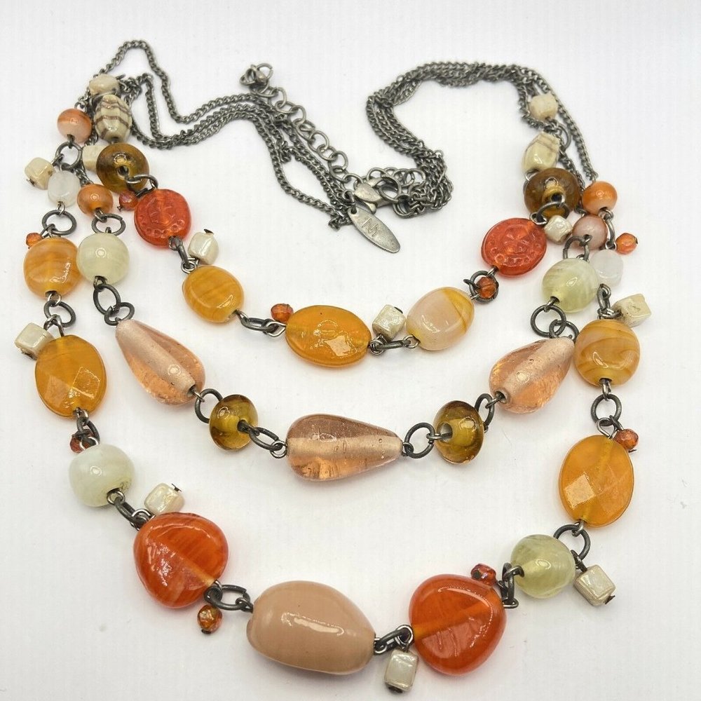 NY&Co Necklace Triple Strand Gunmetal Orange White Stations Fall Colors